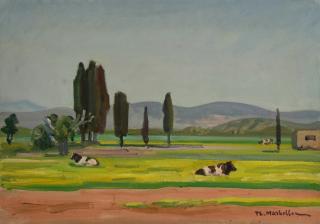 Field with Cows — Oil painting, Canvas, 35.00×50.00cm — Theodoros Markellos